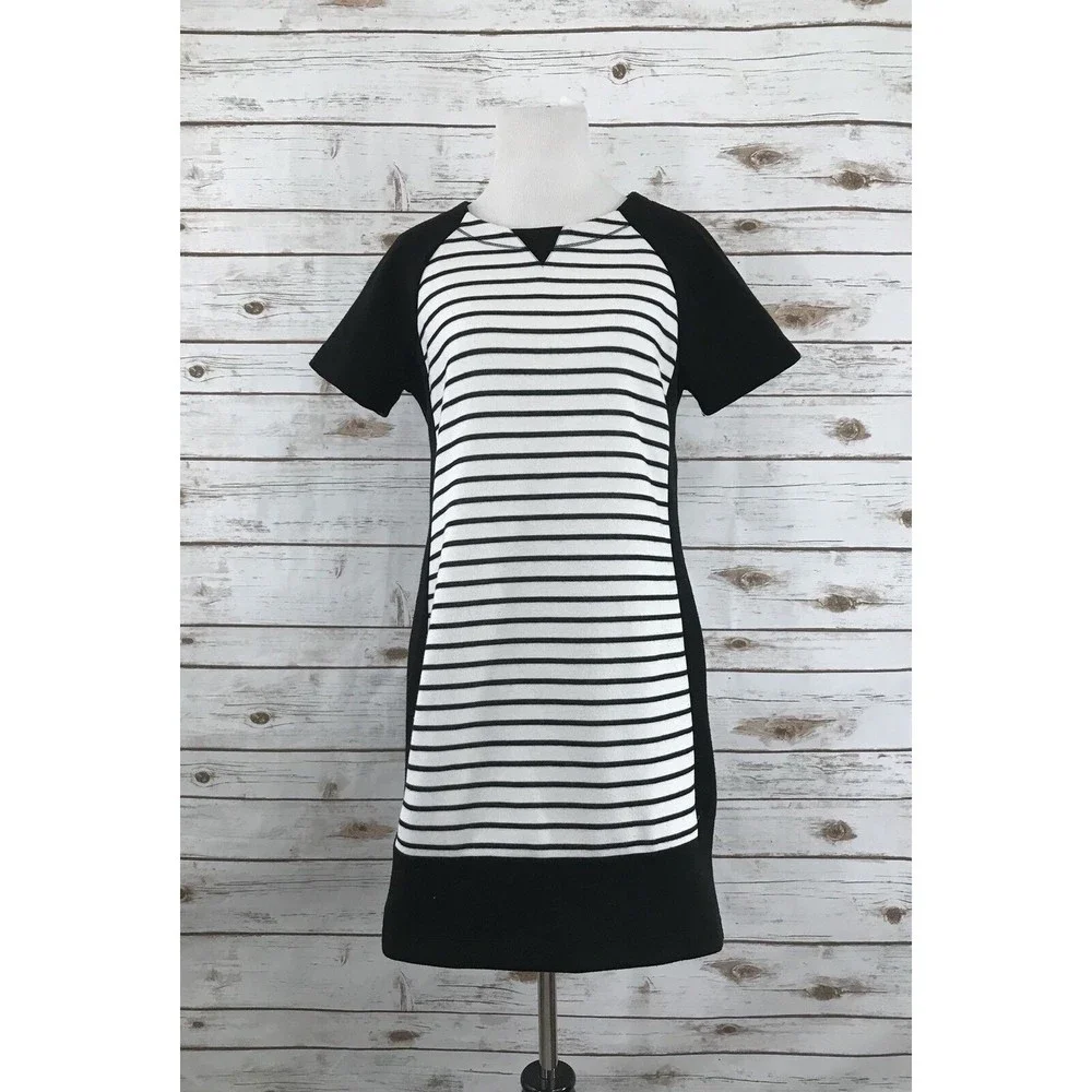 Lou‎ & Grey Knit Tunic Dress Size M Black White Stripe Short Sleeves